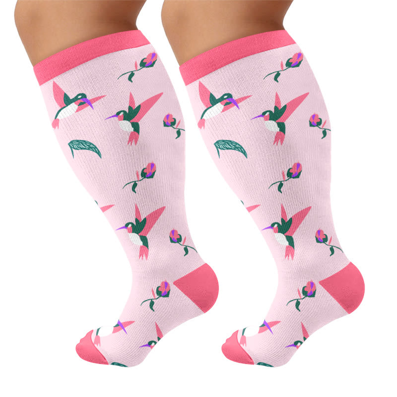 Plusock Plus Size Charming Bird Compression Socks - Pink(1 Pair) - 4XL - image 5
