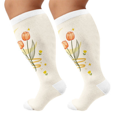 Plusock Plus Size Floral Gratitude Compression Socks - Apricot(1 Pair) - 4XL - image 5