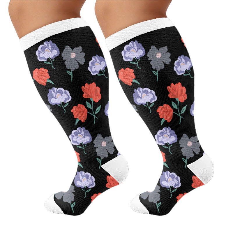Plusock Plus Size Midnight Floral Compression Socks - Black A(1 Pair) - 4XL - image 6