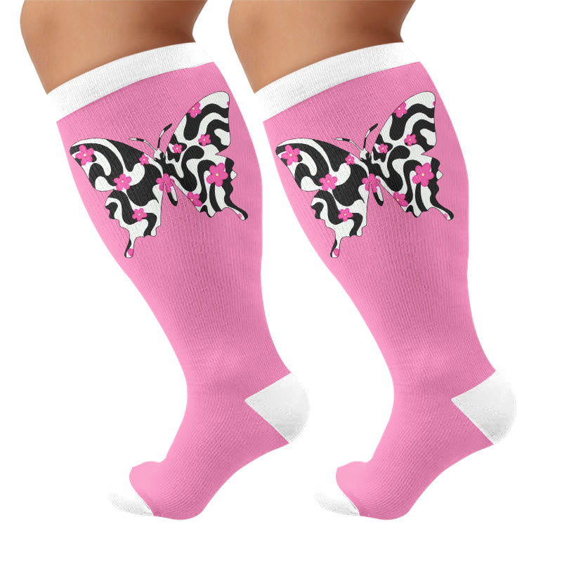 Plusock Plus Size Butterfly Heart Grid Compression Socks - Pink(1 Pair) - 4XL - image 7