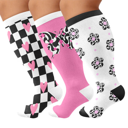Plusock Plus Size Butterfly Heart Grid Compression Socks - Multicolor(3 Pairs) - 4XL - image 1