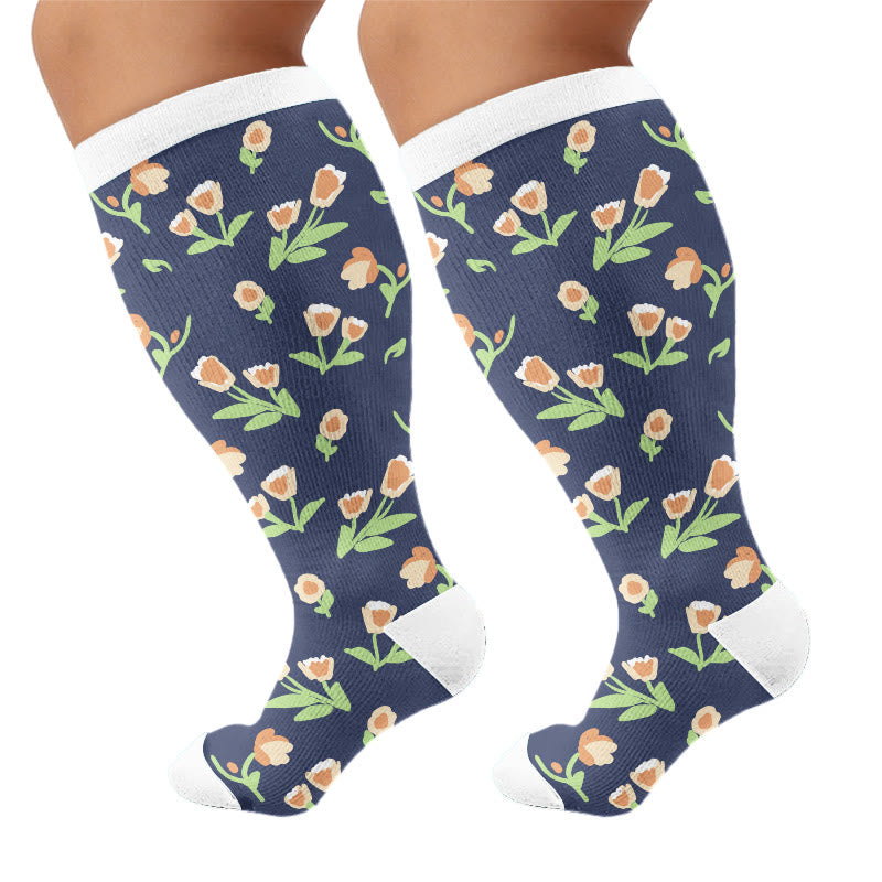 Plusock Plus Size Soft Floral Print Compression Socks - Navy Blue(1 Pair) - 4XL - image 5