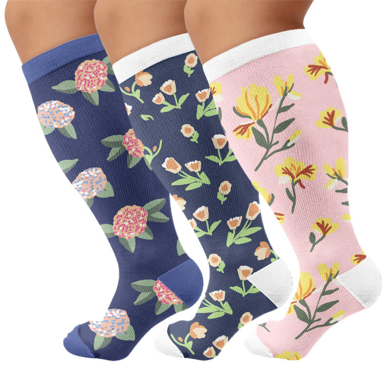 Plusock Plus Size Soft Floral Print Compression Socks - Multicolor(3 Pairs) - 4XL - image 1
