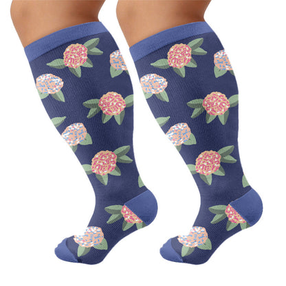Plusock Plus Size Soft Floral Print Compression Socks - Blue(1 Pair) - 4XL - image 6