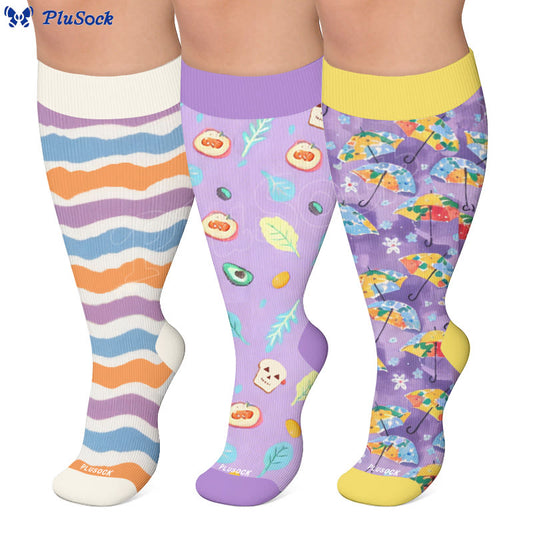 Plusock Plus Size Wavy Stripes Fruit Umbrella Compression Socks - image 0