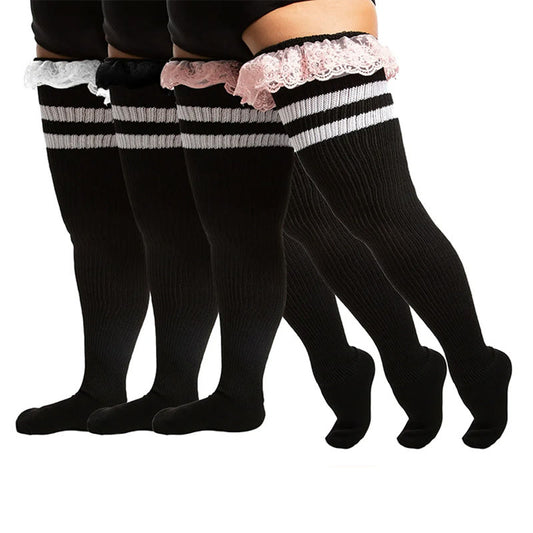 Plusock Plus Size Lace Stripes Thigh High Socks - image 0