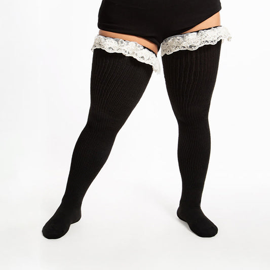 Plusock Plus Size Lace Solid Color Thigh High Socks - White - One Size - image 0