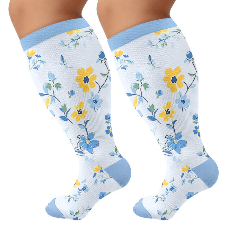Plusock Plus Size Floral Bird Compression Socks - Blue(1 Pair) - 4XL - image 7