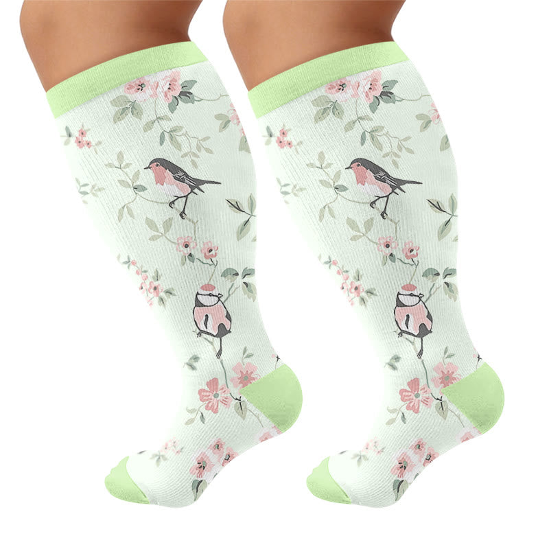 Plusock Plus Size Floral Bird Compression Socks - Green(1 Pair) - 4XL - image 5