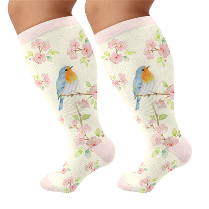 Plusock Plus Size Floral Bird Compression Socks - Pink(1 Pair) - 4XL - image 6