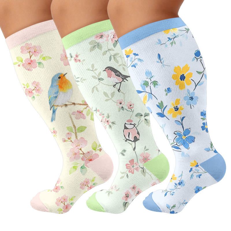 Plusock Plus Size Floral Bird Compression Socks - Multicolor(3 Pairs) - 4XL - image 1