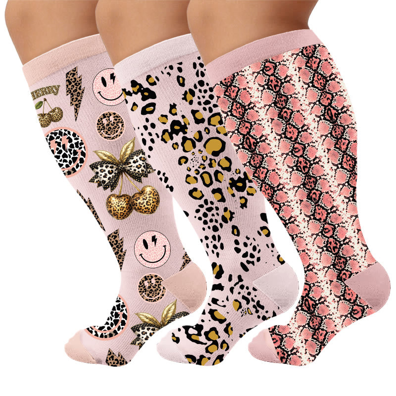Plusock Plus Size Snake Leopard Print Compression Socks - Multicolor(3 Pairs) - 4XL - image 1