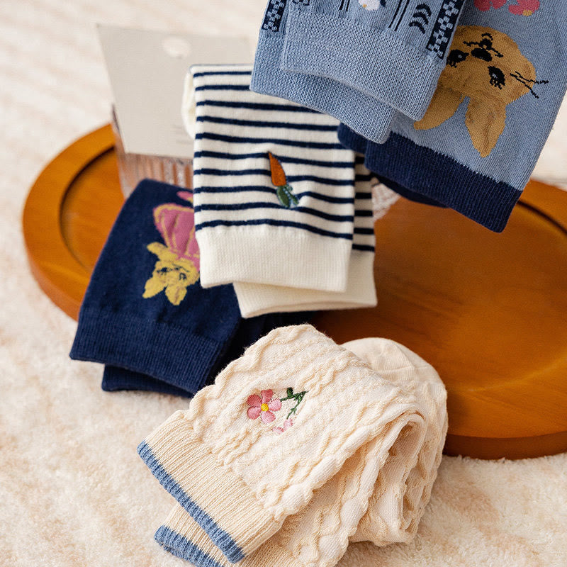 Plusock Vintage Embroidered Rabbit Quarter Socks(5 Pairs) - image 5