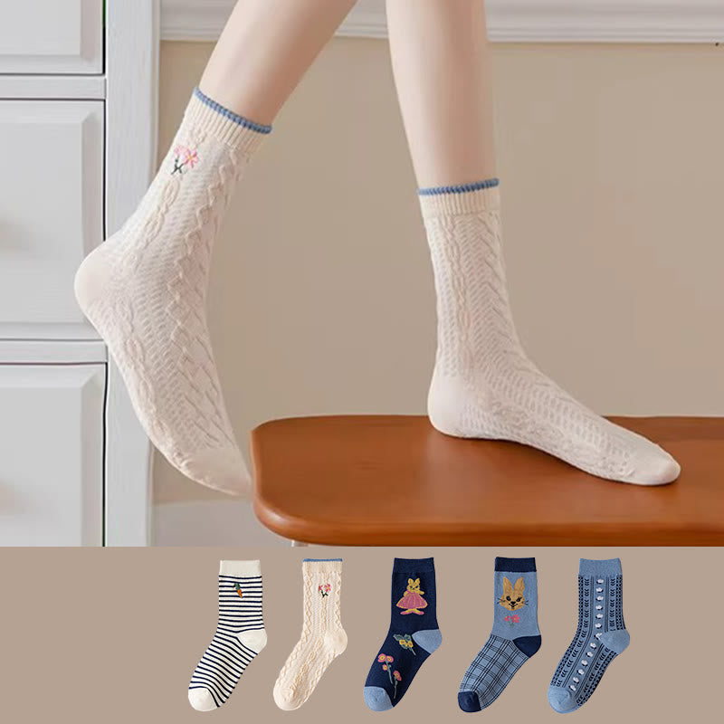 Plusock Vintage Embroidered Rabbit Quarter Socks(5 Pairs) - image 0