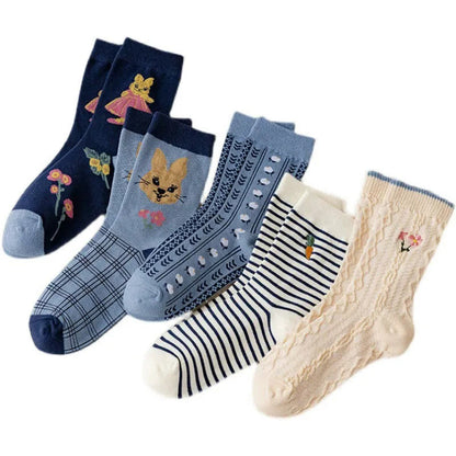 Plusock Vintage Embroidered Rabbit Quarter Socks(5 Pairs) - Multicolor - EU36-40(US3-7) - image 6