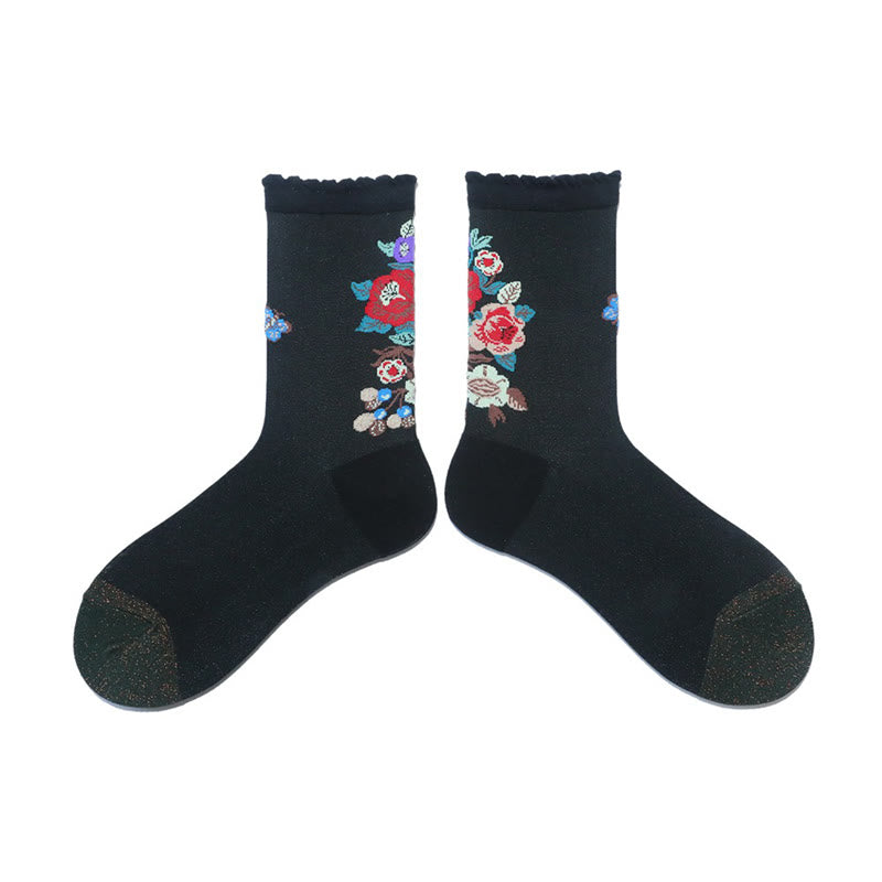 Plusock Retro Floral Animal Quarter Socks(2 Pairs) - Black - EU36-40(US3-7) - image 5