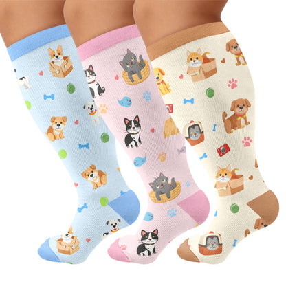 Plusock Plus Size Cute Pets Cartoon Compression Socks - Multicolor(3 Pairs) - 4XL - image 1
