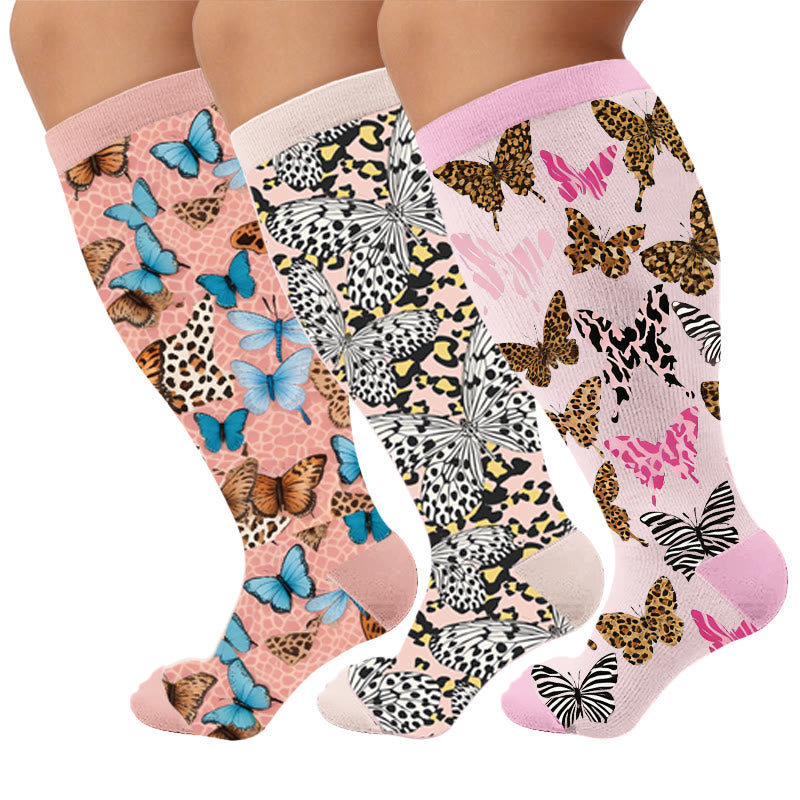 Plusock Plus Size Printed Butterfly Pattern Compression Socks - Multicolor(3 Pairs) - 4XL - image 1