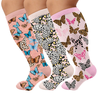 Plusock Plus Size Printed Butterfly Pattern Compression Socks - Multicolor(3 Pairs) - 4XL - image 1
