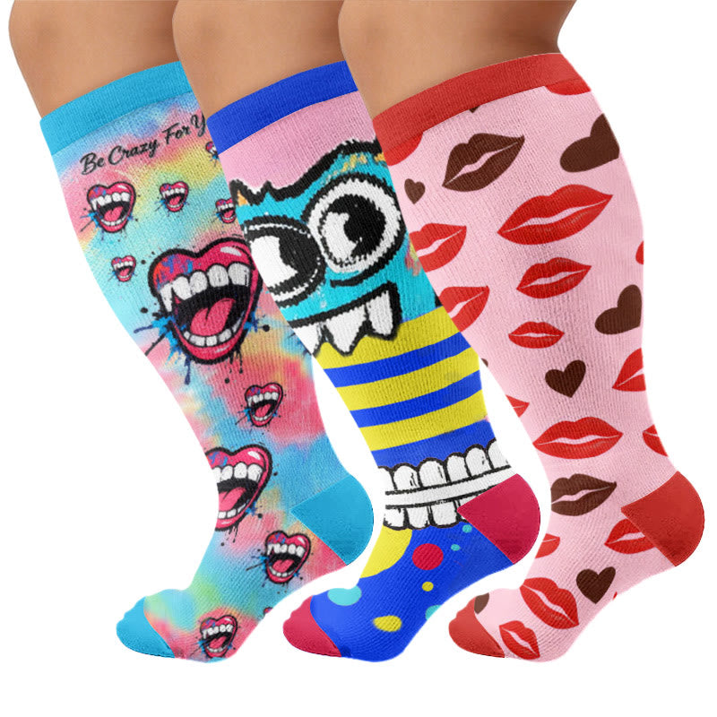 Plusock Plus Size Graffiti Lips Comic Style Compression Socks - Multicolor(3 Pairs) - 4XL - image 1