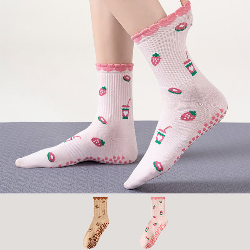 Plusock Plus Size Strawberries Coffee Cups Yoga Socks(2 Pairs) - image 0