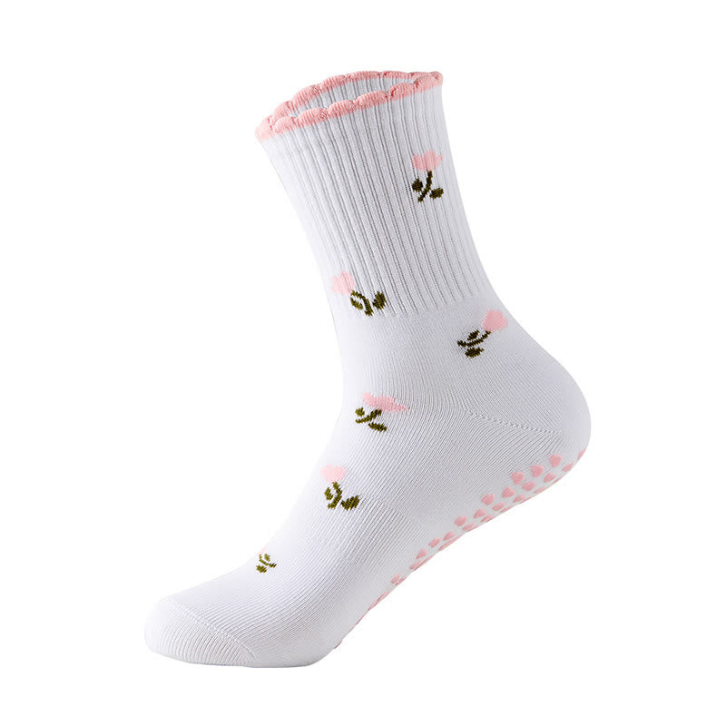 Plusock Plus Size Flower Cherry Heart Yoga Socks(4 Pairs) - Pink - EU36-40(US3-7) - image 15