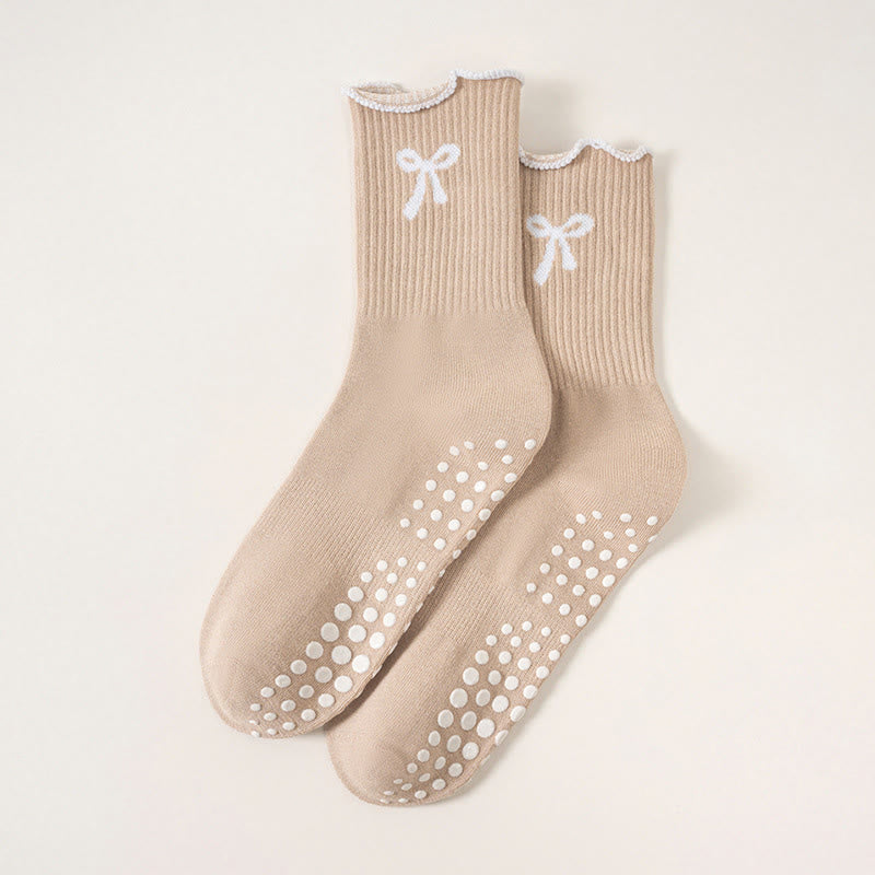 Plusock Delicate Bow Embroidery Yoga Socks(4 Pairs) - Khaki - EU36-40(US3-7) - image 13