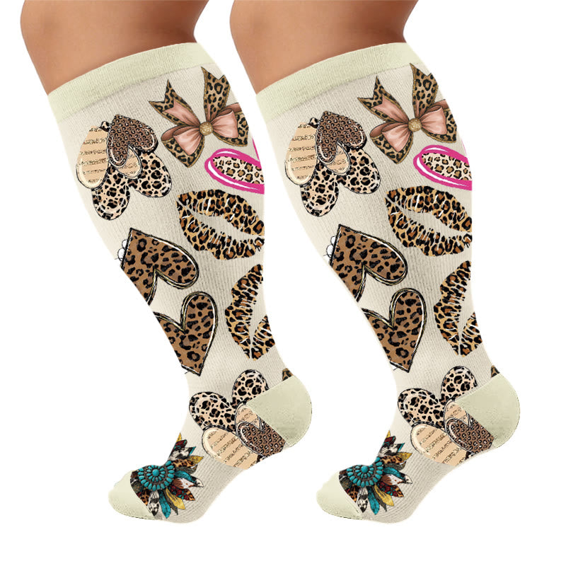 Plusock Plus Size Retro Leopard Print Compression Socks - Heart(1 Pair) - 4XL - image 7