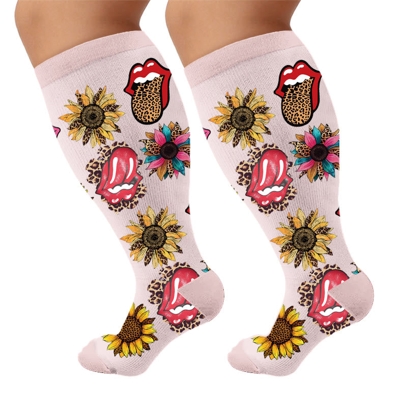 Plusock Plus Size Retro Leopard Print Compression Socks - Lip Print(1 Pair) - 4XL - image 5