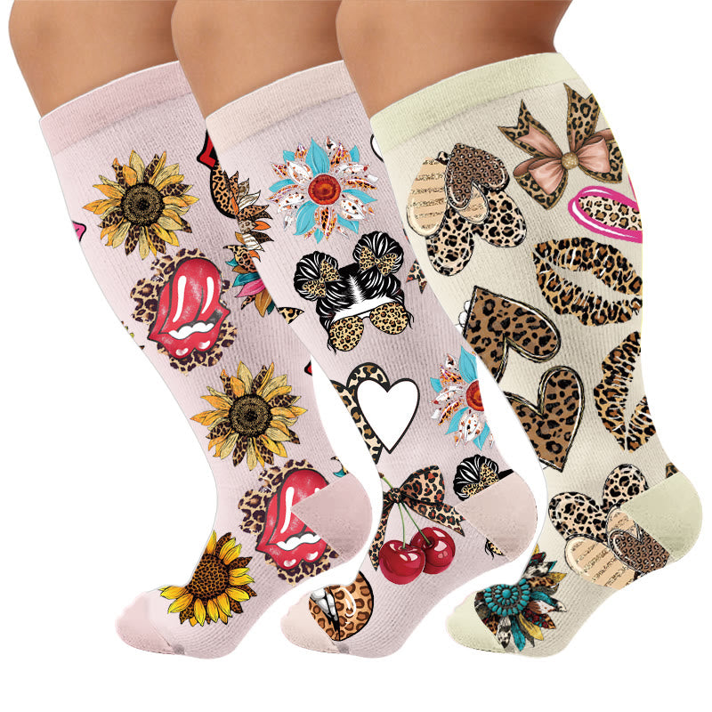 Plusock Plus Size Retro Leopard Print Compression Socks - Multicolor(3 Pairs) - 4XL - image 1