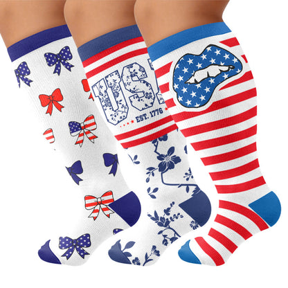 Plusock Plus Size Stripe Bow Compression Socks - Multicolor(3 Pairs) - 4XL - image 1