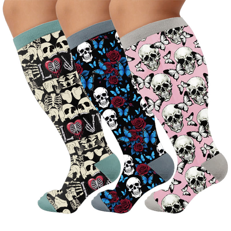 Plusock Plus Size Fun Skull Print Compression Socks - Multicolor(3 Pairs) - 4XL - image 1