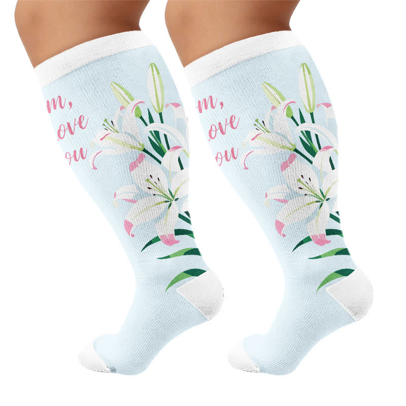 Plusock Plus Size Mother's Day Floral Compression Socks - Blue(1 Pair) - 4XL - image 5