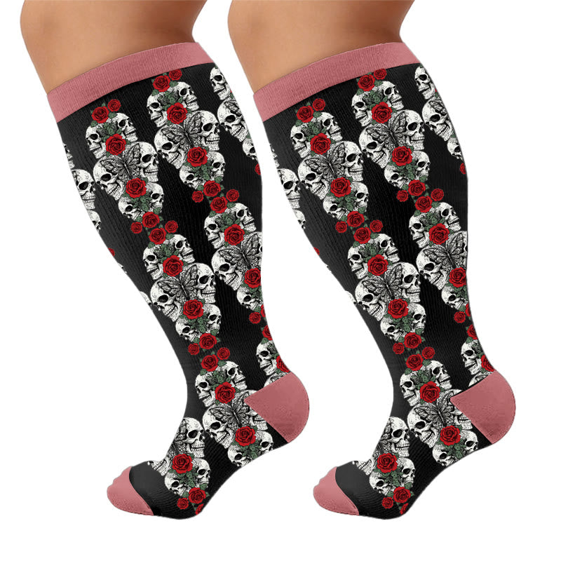 Plusock Plus Size Retro Skull Print Compression Socks - Rose(1 Pair) - 4XL - image 5