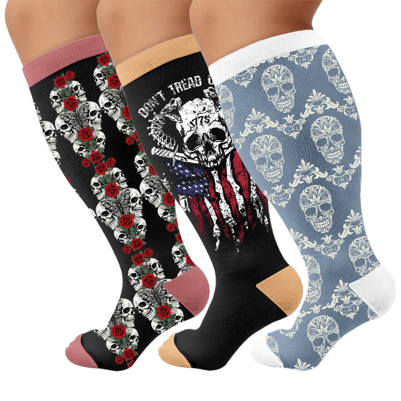 Plusock Plus Size Retro Skull Print Compression Socks - Multicolor(3 Pairs) - 4XL - image 1