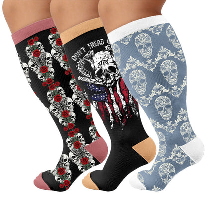Plusock Plus Size Retro Skull Print Compression Socks - Multicolor(3 Pairs) - 4XL - image 1