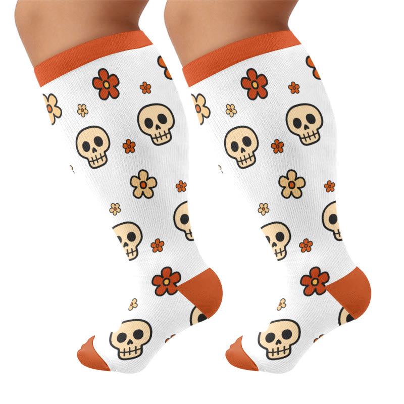 Plusock Plus Size Floral Skull Compression Socks - White(1 Pair) - 4XL - image 6