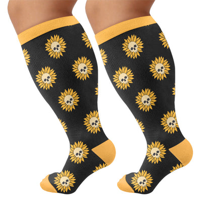 Plusock Plus Size Floral Skull Compression Socks - Yellow(1 Pair) - 4XL - image 7
