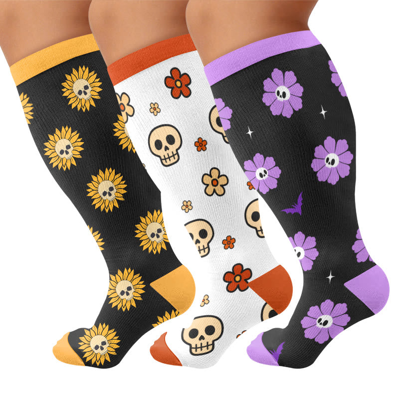 Plusock Plus Size Floral Skull Compression Socks - Multicolor(3 Pairs) - 4XL - image 1