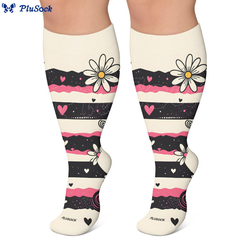 Plusock Plus Size Heart Daisy Stripe Compression Socks - image 3