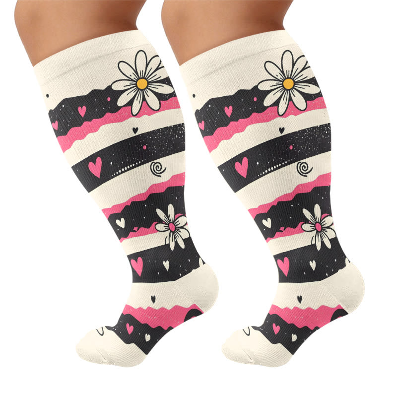 Plusock Plus Size Heart Daisy Stripe Compression Socks - Beige(1 Pair) - 4XL - image 6