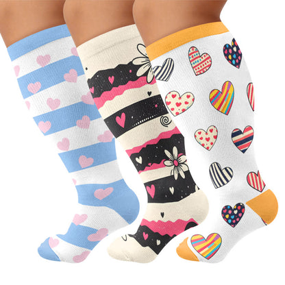 Plusock Plus Size Heart Daisy Stripe Compression Socks - Multicolor(3 Pairs) - 4XL - image 1