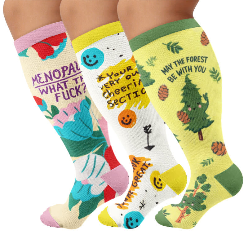 Plusock Plus Size Cheerful Doodles Compression Socks - Multicolor(3 Pairs) - 4XL - image 1