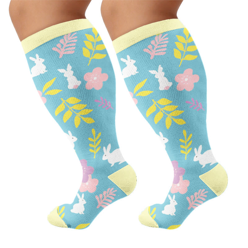 Plusock Plus Size Carrots Florals Egg Compression Socks - Blue(1 Pair) - 4XL - image 7