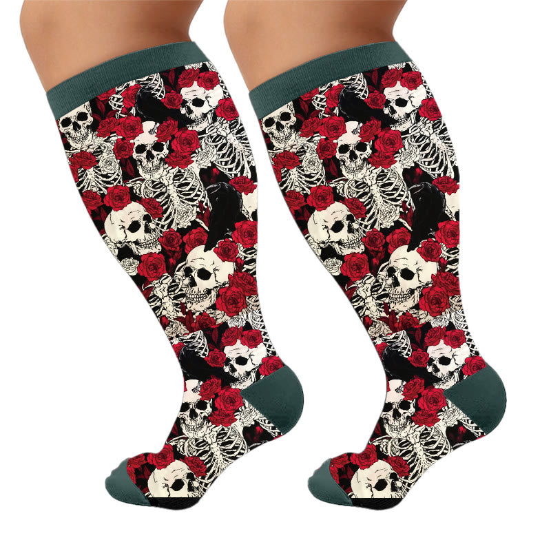Plusock Plus Size Floral Skull Print Compression Socks - Rose(1 Pair) - 4XL - image 5