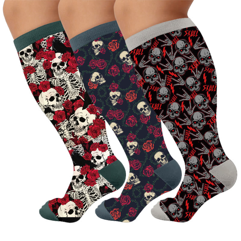 Plusock Plus Size Floral Skull Print Compression Socks - Multicolor(3 Pairs) - 4XL - image 1