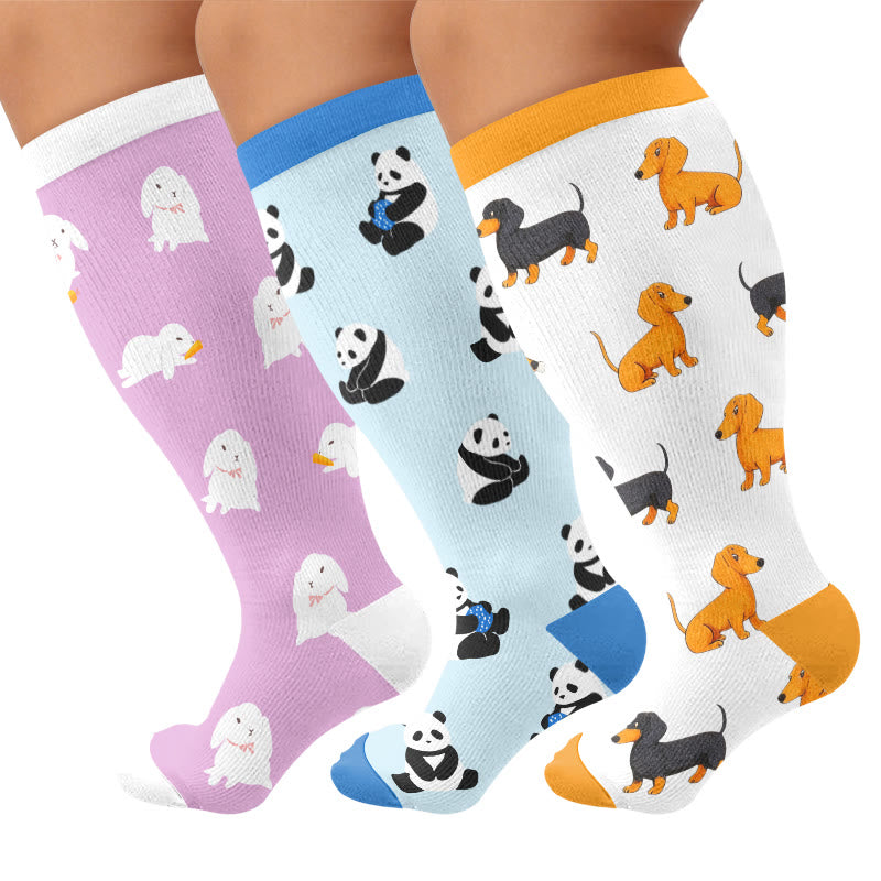 Plusock Plus Size Bunny Panda Dachshund Compression Socks - Multicolor(3 Pairs) - 4XL - image 1