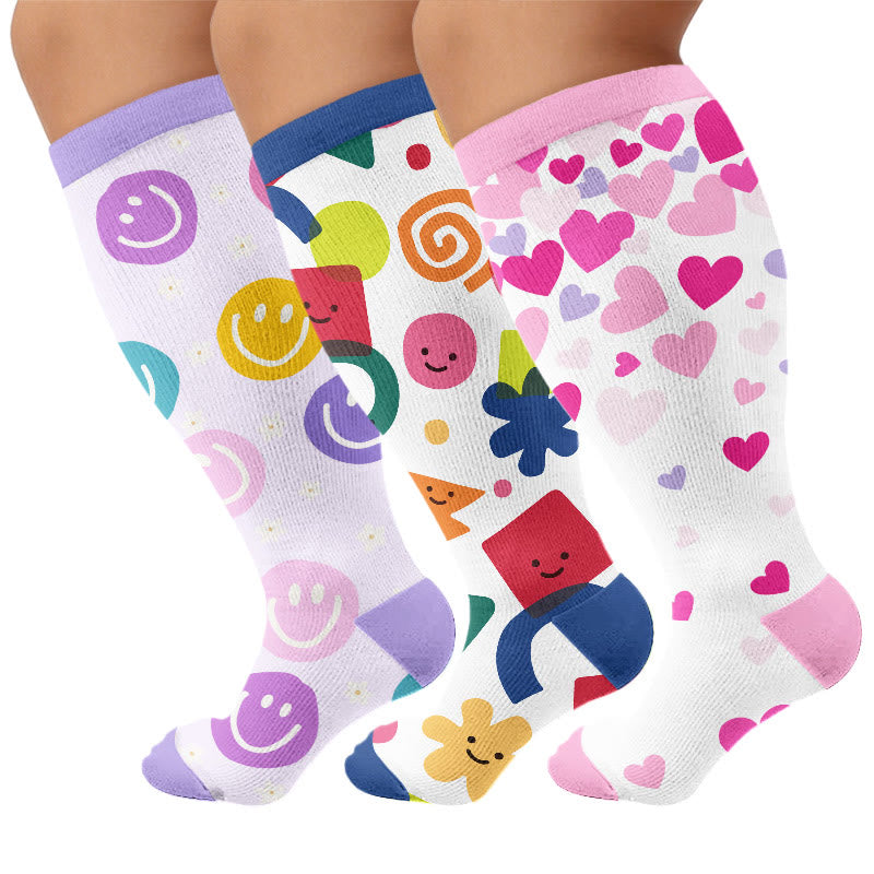 Plusock Plus Size Playful Smile Heart Compression Socks - Multicolor(3 Pairs) - 4XL - image 1