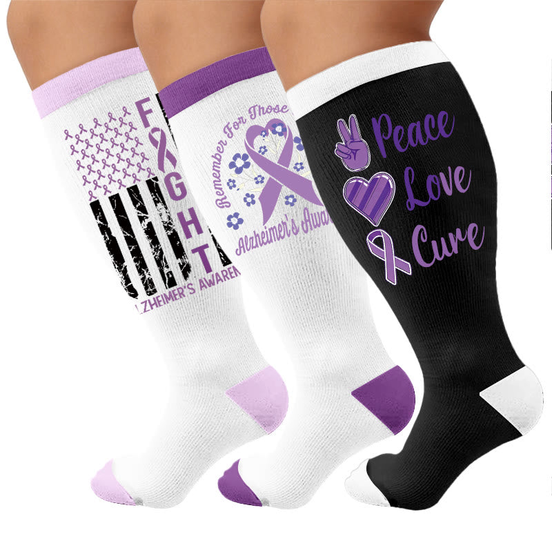 Plusock Plus Size Purple Ribbon Print Compression Socks - Multicolor(3 Pairs) - 4XL - image 1