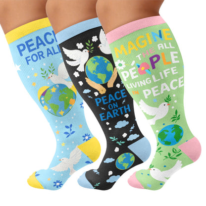 Plusock Plus Size Peace on Earth Compression Socks - Multicolor(3 Pairs) - 4XL - image 1
